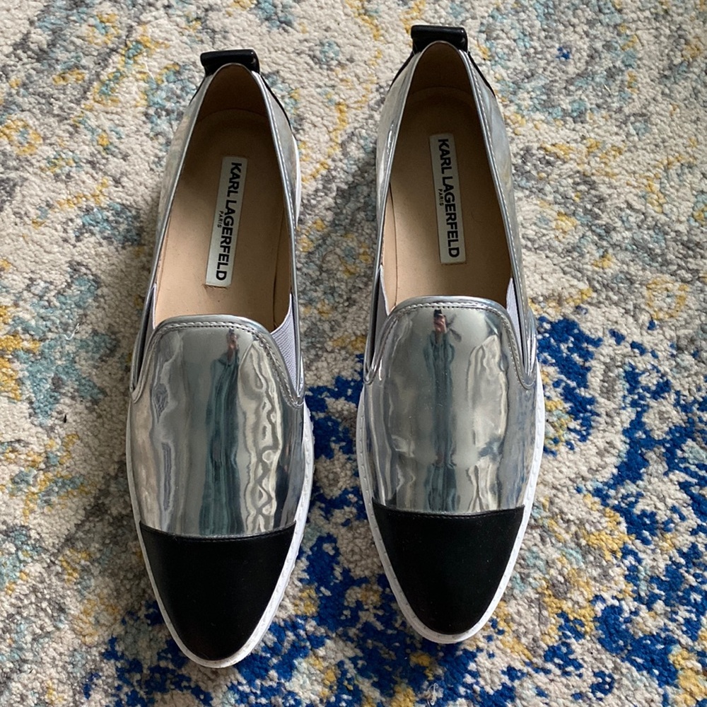 Karl Lagerfeld silver platform slides